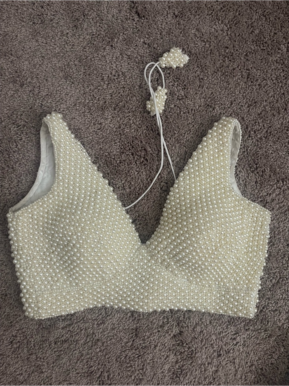 Pearl-Embellished Cream V-Neck Crop Top